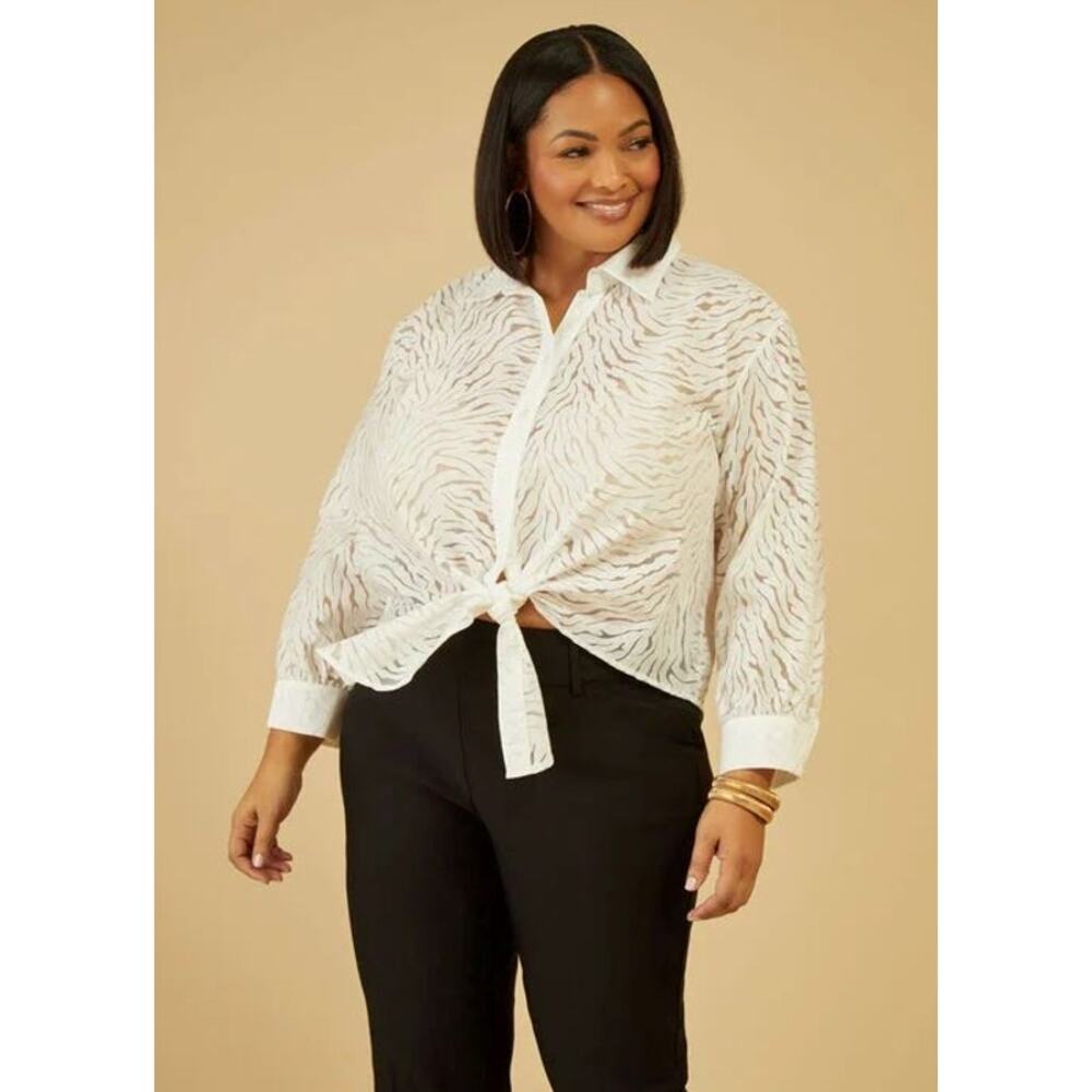 PLUS Size 30W | Cotton Blend White Long Sleeve Tie Front Button Shirt Blouse